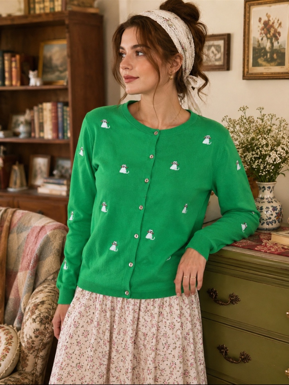 Vintage Susan Bristol Grewn Cat Emroidered Cardigan size Large